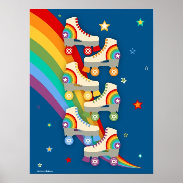 Vintage Regenbogenwalzen-Skate auf Blue Poster (Vorne)