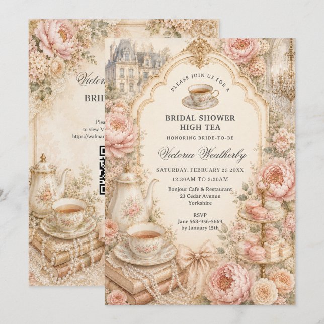 Vintage-Regency-Teeparty-Brautstrauß  Einladung (Vorne/Hinten)