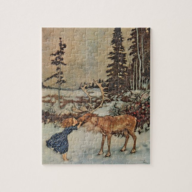 Vintage Reindeer Girl Winter Snow Scene Poster Puzzle (Vertikal)