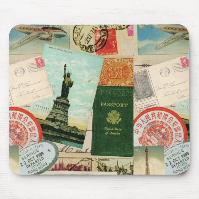 Vintage Reise Briefmarke und Postkarten Mousepad (Vorne)