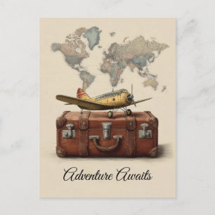 Vintage Reisegrafik mit einem Flugzeug Feiertagspostkarte