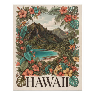 Vintage-Reiseillustration von Hawaii mit Blumen Poster