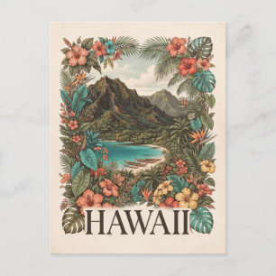 Vintage-Reiseillustration von Hawaii mit Blumen Postkarte