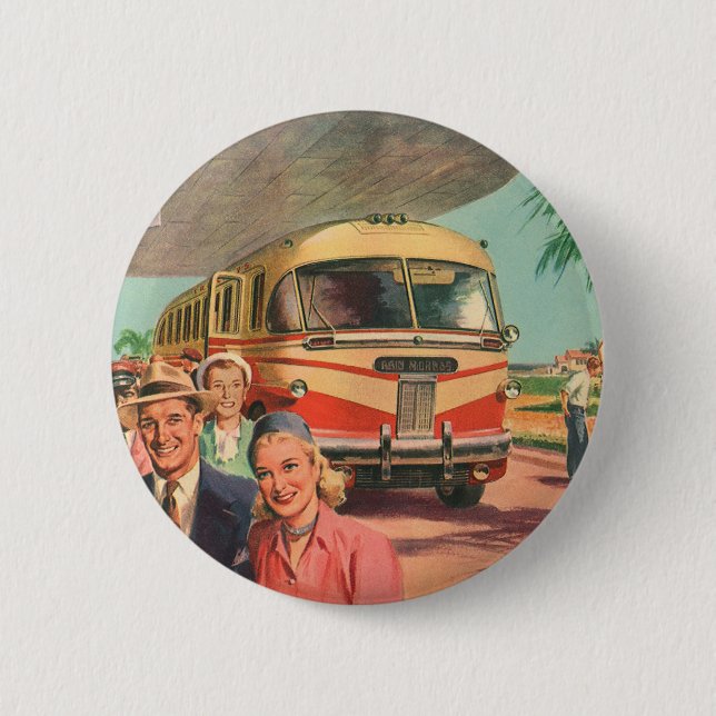 Vintage Reisende am Busbahnhof Button (Vorderseite)