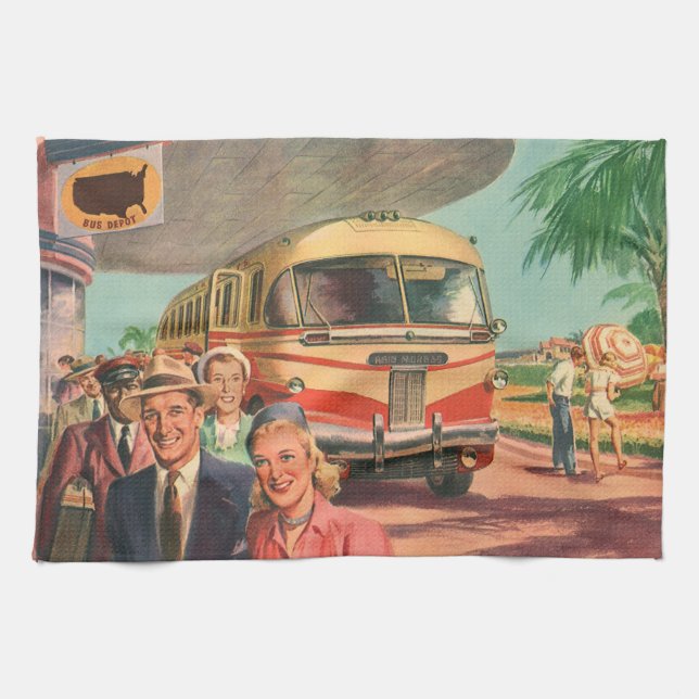 Vintage Reisende am Busbahnhof Geschirrtuch (Horizontal)