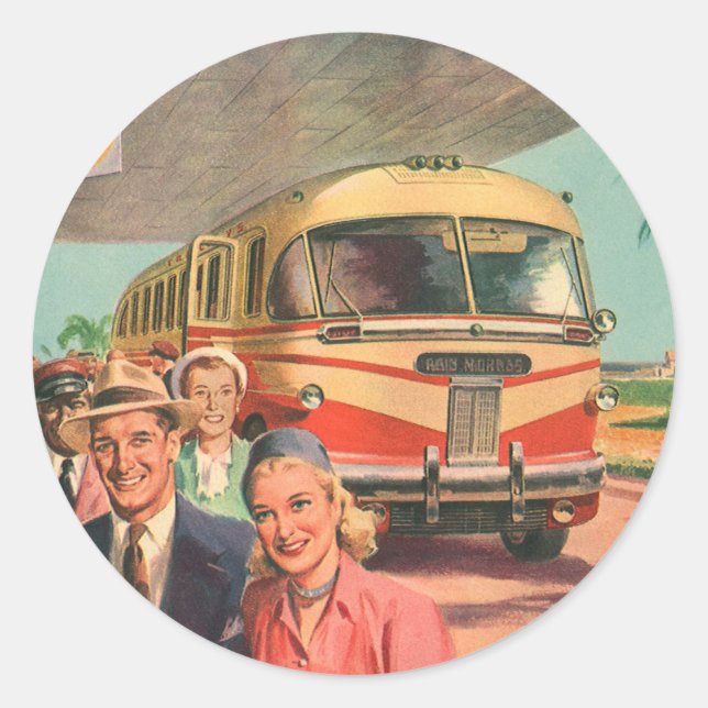Vintage Reisende am Busbahnhof Runder Aufkleber (Vorderseite)