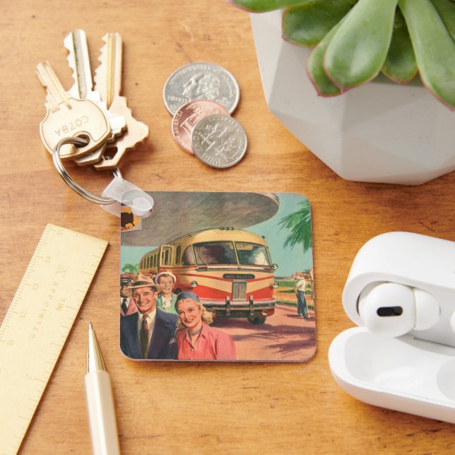 Vintage Reisende am Busbahnhof Schlüsselanhänger (Schreibtisch)