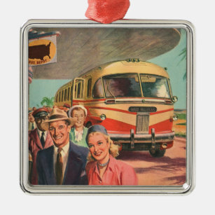 Vintage Reisende am Busbahnhof Silbernes Ornament