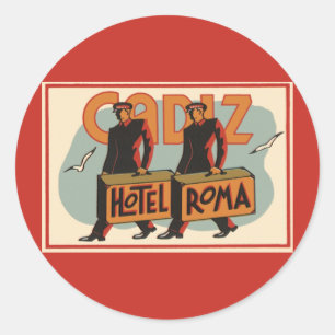 Vintage-Reisepageboys Hotel Roma, Cadiz, Spanien Runder Aufkleber