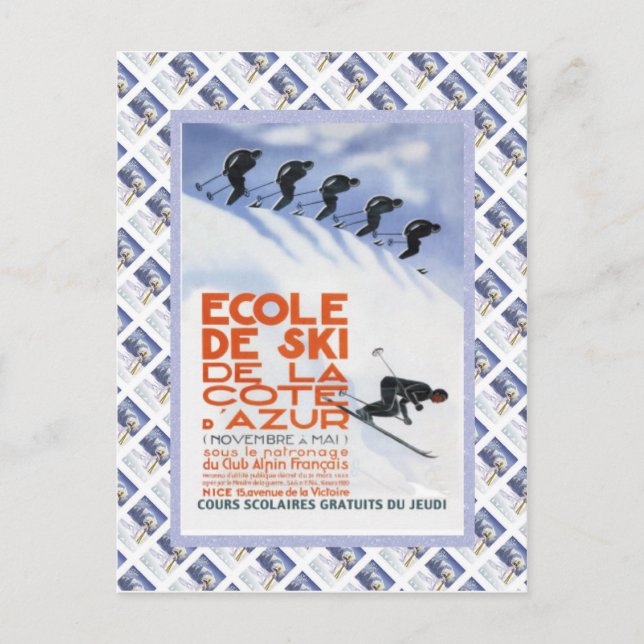 Vintage Reiseplakat, Ecole de Ski Postkarte (Vorderseite)