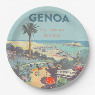 Vintage-Reiseplakat für Genua, Italienische Rivier Pappteller