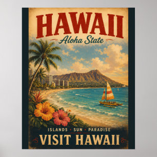 Vintage-Reiseplakat Hawaii mit tropischem Strand, Poster