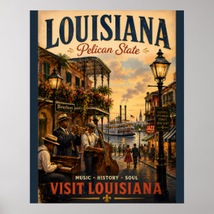 Vintage-Reiseplakat Louisiana mit Jazz-Musiker Poster