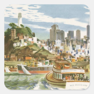 Vintage-Reiseplakat San Francisco Bay Ferryboat Quadratischer Aufkleber