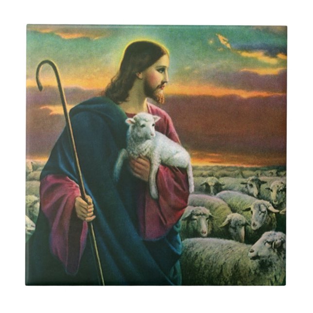 Vintage Religion, Christus guter Hirte mit Flock Fliese (Vorderseite)