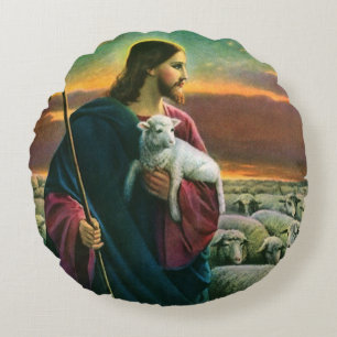 Vintage Religion, Christus guter Hirte mit Flock Rundes Kissen