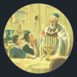 Vintage Religion, Judentum, Licht der Menorah Runder Aufkleber<br><div class="desc">Vintages Bild religiöser Judaika mit einem Rabbi,  der die Kerzen auf einer Menorah während Hanukkah mit zwei Kindern beim Beobachten beleuchtet.</div>