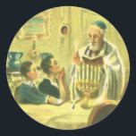 Vintage Religion, Judentum, Licht der Menorah Runder Aufkleber<br><div class="desc">Vintages Bild religiöser Judaika mit einem Rabbi,  der die Kerzen auf einer Menorah während Hanukkah mit zwei Kindern beim Beobachten beleuchtet.</div>