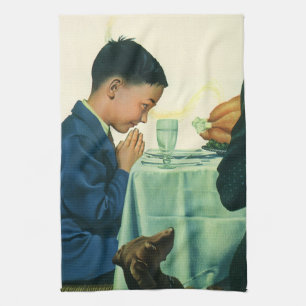 Vintage Religion, Junge sagt Dankgebet an Thanksgi Geschirrtuch