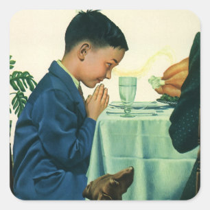 Vintage Religion, Junge sagt Dankgebet an Thanksgi Quadratischer Aufkleber