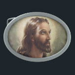 Vintage Religiöse, Jesus Christus Portrait mit Hal Ovale Gürtelschnalle<br><div class="desc">Vintage Illustration Religiositätsprofilgestaltung mit Jesus Christus. Leiter Christi. Dieses friedliche Design zeigt einen jungen religiösen Mann,  Jesus,  hat einen Bart und trägt ein heiliges Gewand,  sein Kopf ist von einer Aura umgeben,  einem leuchtenden Halo.</div>