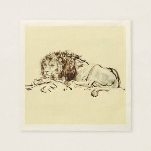 Vintage Rembrandt-Tinten-Skizze eines Löwes Serviette