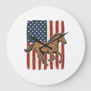 Vintage-Rennpferd-patriotisches-Flag-Shirt-Design_ Große Wanduhr