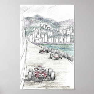 Vintage-Rennwagen Küstenstadt Gebäude Marina Poster