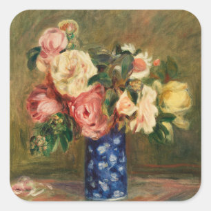 Vintage-Renoir-Rosabouquet in Rosa Blaue Vase Kuns Quadratischer Aufkleber
