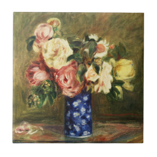 Vintage-Renoir-Rosabouquet in Rosa in blauem Vasen Fliese