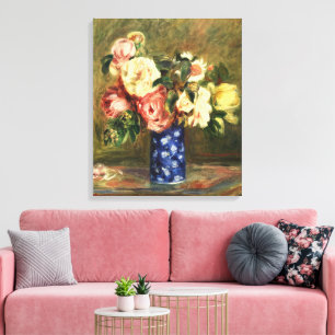 Vintage-Renoir-Rosabouquet in Rosa in blauem Vasen Leinwanddruck
