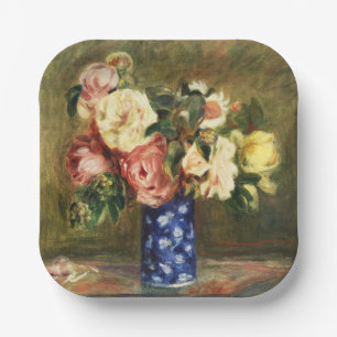 Vintage-Renoir-Rosbouquet in Blauem Vasen-Kunst Pappteller