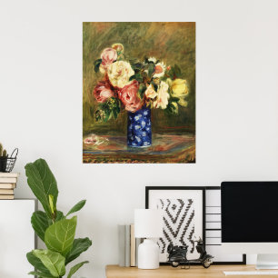 Vintage-Renoir-Rosenbouquet in Rosa, Blaue Vase Ku Poster