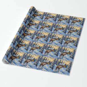 Vintage-Rentier-Gemälde von schneebedeckter Hütte Geschenkpapier