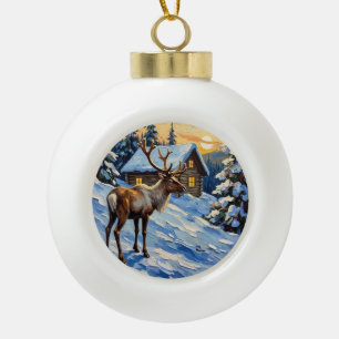 Vintage-Rentier-Gemälde von schneebedeckter Hütte Keramik Kugel-Ornament