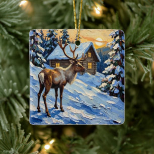 Vintage-Rentier-Gemälde von schneebedeckter Hütte  Keramikornament