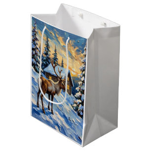 Vintage-Rentier-Gemälde von schneebedeckter Hütte Mittlere Geschenktüte