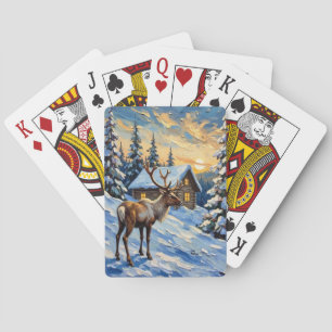 Vintage-Rentier-Gemälde von schneebedeckter Hütte  Spielkarten