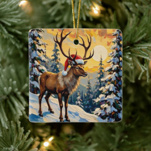 Vintage-Rentier mit Santa-Hut im schneebedeckten W Keramikornament