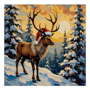 Vintage-Rentier mit Santa-Hut im schneebedeckten W Poster