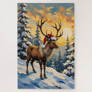 Vintage-Rentier mit Weihnachtsmannmütze im schneeb Puzzle