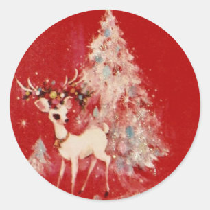 Vintage-Rentiere und Weihnachtsbaum Runder Aufkleber