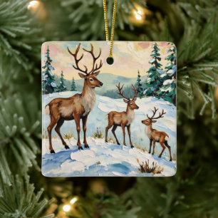 Vintage-Rentierfamilie-Winterwiese-Malerei Keramikornament