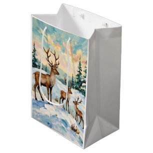 Vintage-Rentierfamilie-Winterwiese-Malerei Mittlere Geschenktüte