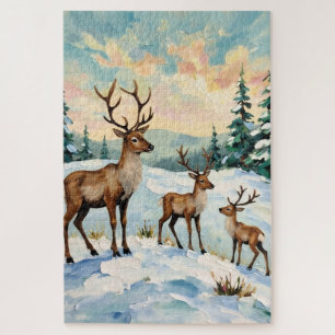 Vintage-Rentierfamilie-Winterwiese-Malerei Puzzle
