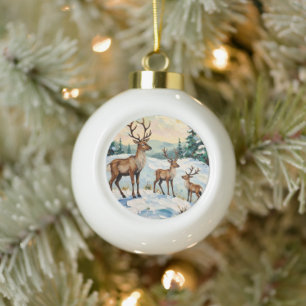 Vintage-Rentierfamilie Winterwiesenmalerei Keramik Kugel-Ornament