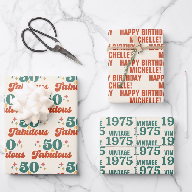 Vintage Retro 50 And Fabulous Birthday Geschenkpapier Set (Vorderseite)