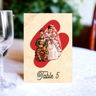 Vintage Retro Alte Aquarell-Comic-Hochzeit Tischnummer