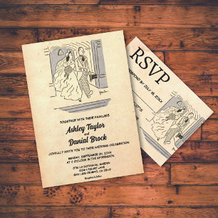 Vintage Retro Alte Braut Bräutigam Comic Rustikale Einladung