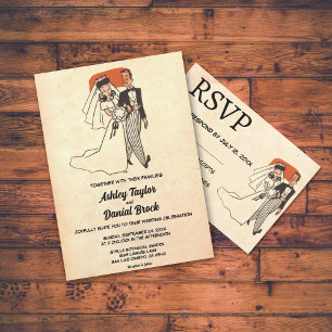 Vintage Retro Alte Rustikale Comic-Hochzeit Einladung